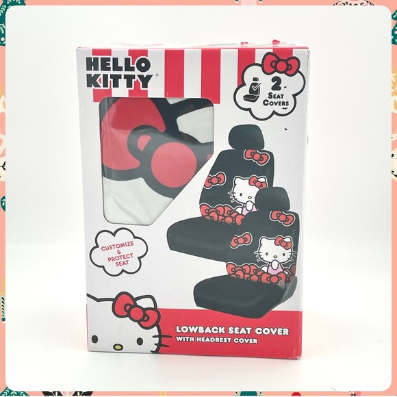 New HELLO KITTY w BOWS Set of 2 Lowback Car SEAT COVERS w Vehicle Headrest Cover - Picture 2 of 10